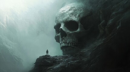 Rocky mountain in the shape of a human skull with an explorer standing. Fantasy theme. Halloween poster.