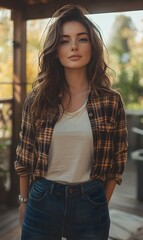 A young woman with long brown hair wearing a plaid shirt, a white t-shirt and blue jeans stands in a garden.