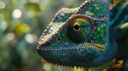 Fototapeta premium Close-up of a Chameleon's Head with its Eye Focused on the Viewer