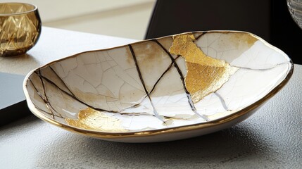 Obraz premium Elegant Kintsugi Ceramic Platter in Earthy Tones and Gold Accents on Dining Table