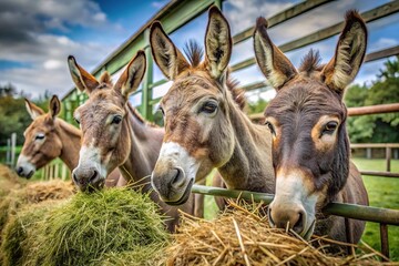 Donkeys in enclosure eating grass and hay