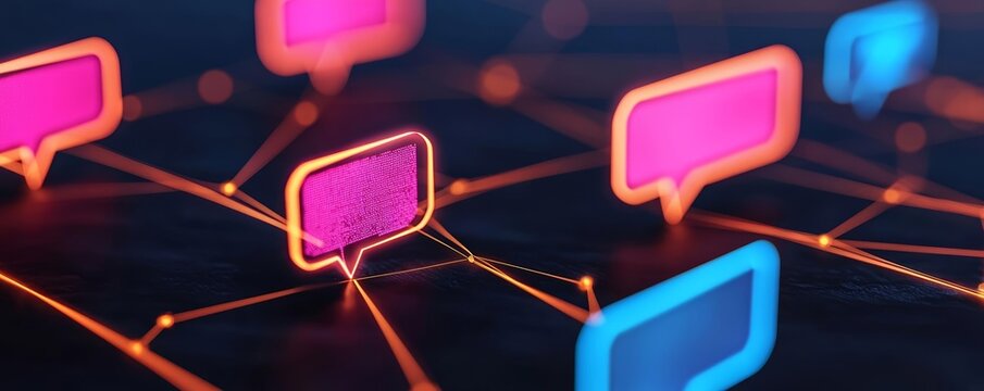 Abstract speech bubbles connected with glowing lines, representing global online interactions and connectivity