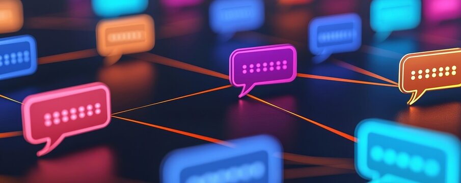 Abstract speech bubbles connected with glowing lines, representing global online interactions and connectivity