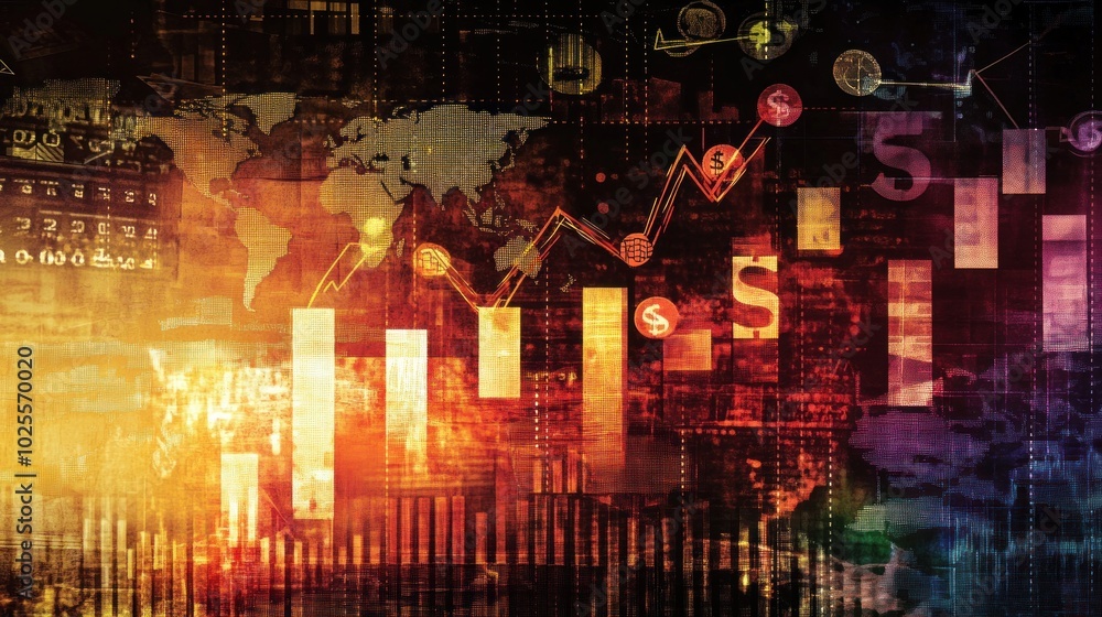 Poster abstract representation of financial data and global markets with charts and currency symbols.