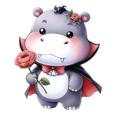 Naklejka premium Cute hippo wearing a vampire costume and Halloween clipart watercolor