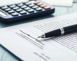 Close-up of a printed document being signed with a pen and calculator, representing financial or legal agreements.