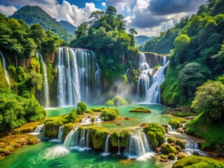 Fototapeta premium Explore the Majestic Prenn Waterfall in Vietnam's Natural Beauty Surrounded by Lush Greenery and Tranquil Atmosphere