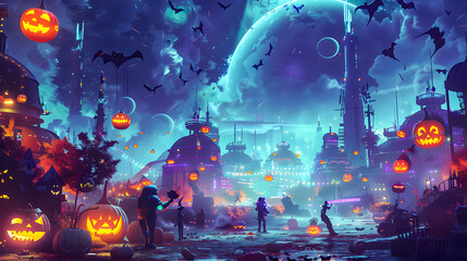 Spooky Halloween future city under a bright full moon. Glowing pumpkins, haunted houses, and bats fill the night with an eerie, magical vibe