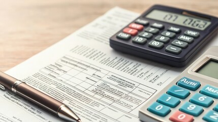 Close-up of financial documents, calculators, and a pen on a wooden desk, representing accounting and budgeting tasks.
