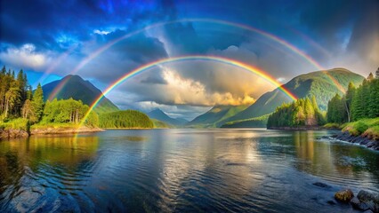 Naklejka premium Double rainbow over fjord in Great Bear Rainforest, British Columbia Wide-Angle