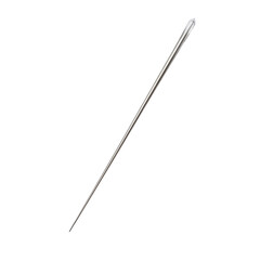 A silver sewing needle resting on a transparent background showcasing its fine point and eye