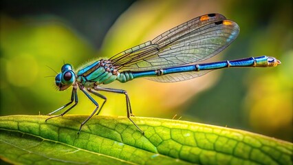 Dragonfly perched on green leaf