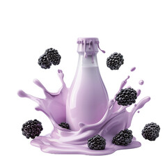 A glass bottle filled with purple liquid is surrounded by splashes of the same color