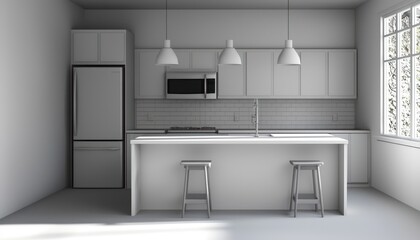 Fototapeta premium 3D kitchen scene in minimalist design with top-notch appliances.