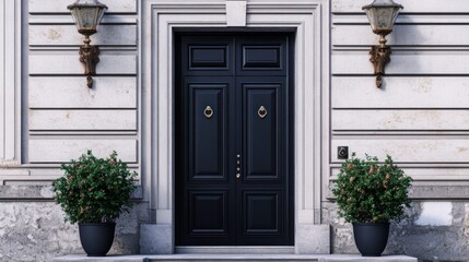 A stylish black double door framed by elegant wall sconces and potted plants.