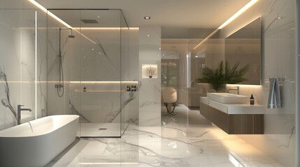 Modern Bathroom with Marble Tile, Glass Shower, and Freestanding Tub