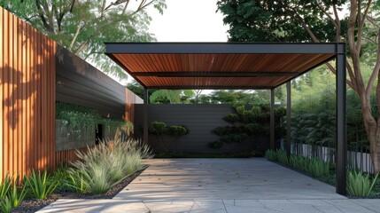 Modern Wooden Pergola Covered Patio with Lush Greenery