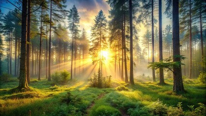 Fototapeta premium Dreamy and ethereal landscape captured during a serene forest sunrise