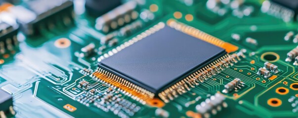 Obraz premium Robots assembling intricate circuit boards in an electronics manufacturing facility, robotic electronics assembly, precision production