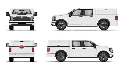 Pickup truck with closed body white lorry transportation front back side view realistic vector © Vikivector