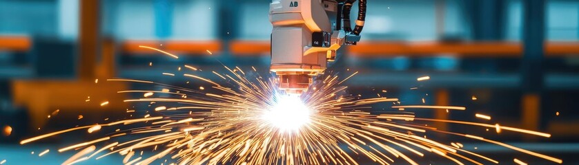 A robotic arm welding parts together in an automotive manufacturing plant, robotic welding, car production