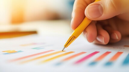 Close-up of a hand highlighting key points in a printed business report during a consulting session, highlighting report, business analysis