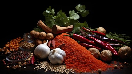 Hot red pepper, garlic, different spices powder meat stakes flying on a black background Motion freeze  