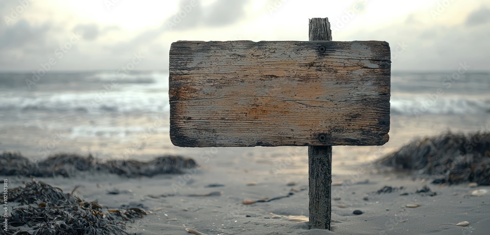 Poster create a beach-themed visual featuring a weathered timber sign in high-resolution.
