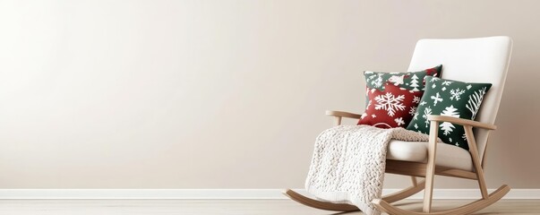 Cozy rocking chair with a baby blanket and Christmas-themed pillows, 3D illustration
