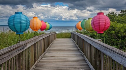 Obraz premium Colorful Lanterns on Scenic Coastal Boardwalk