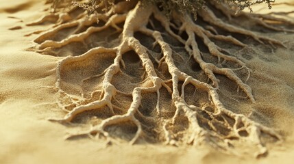 Close-up of a desert plant's roots and surrounding sand, with tiny grains and delicate textures of the plant's adaptation to the harsh climate