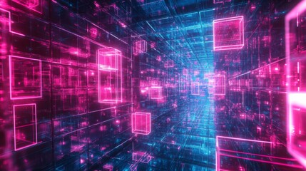 Abstract digital tunnel with glowing pink and blue neon cubes.