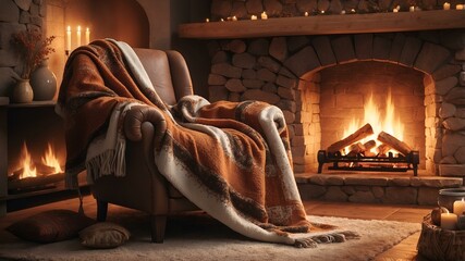 Cozy armchair with a blanket near a warm fireplace in a rustic living room copy space