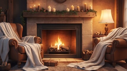 Obraz premium Inviting living room with two armchairs, cozy blankets, and fireplace candles copy space 