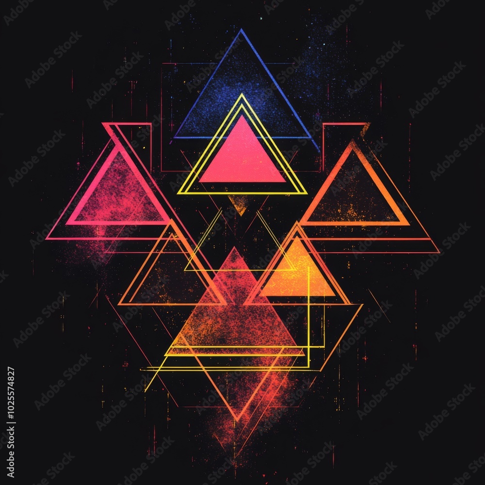 Poster abstract geometric pattern of glowing triangles against a dark background.