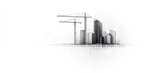 Obraz premium line art of crane and construction site in black color on white background