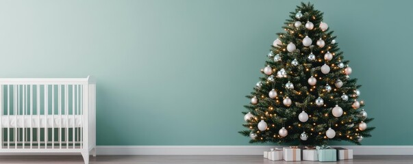 Christmas tree with baby-safe ornaments in a nursery, soft festive glow, 3D illustration