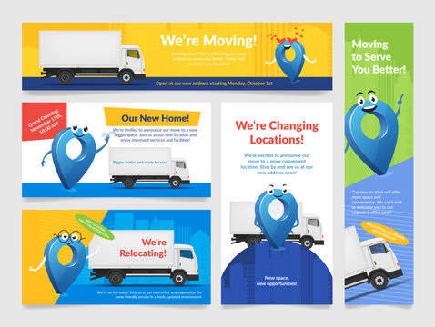 We are moving changing location banner poster design template set vector illustration