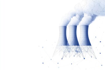 futuristic power plant concept, polygonal art of three nuclear power plant towers with smoke coming out, data connection on blur white background