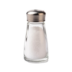 Simple glass salt shaker filled with white salt on a plain background