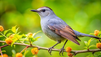 Fototapeta premium Female Gray Catbird Perched Elegantly on a Branch in a Lush Green Garden Setting During Springtime