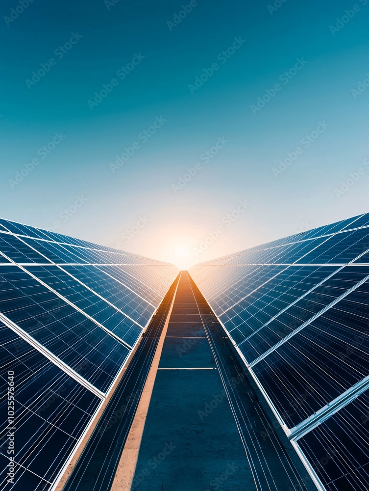 Aufkleber an array of solar panels in a field under a clear sky, symbolizing the energy transition to solar po