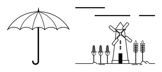 Black and white drawing of an umbrella next to a windmill surrounded by corn plants with lines indicating clouds. Ideal for agricultural themes, weather concepts, rural settings, minimalistic design