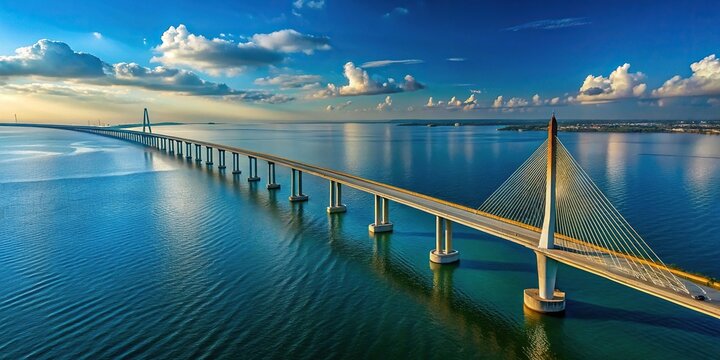 Drone panoramic view of Sunshine Skyway Bridge over Tampa Bay at a tilted angle