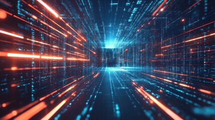 A futuristic tunnel of light and data streams, symbolizing technology and digital connectivity.