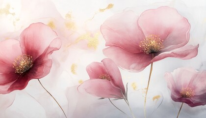 Abstract pink flowers with gold accents on a white background.