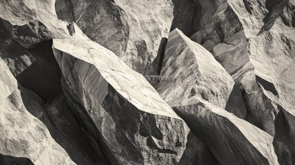 The interplay of light and shadow on textured desert rocks, with sharp angles and rough surfaces creating dynamic patterns in the landscape