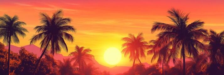 tropical palm trees with vibrant sky background during sunset