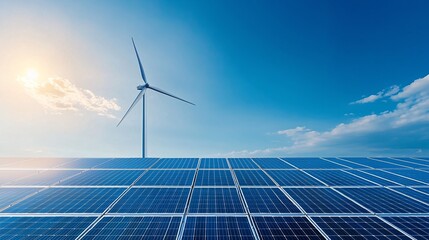 A wind turbine and solar panel stand prominently against a backdrop of a blue sky, symbolizing the shift towards renewable energy sources. The image includes ample copy space for text or branding.