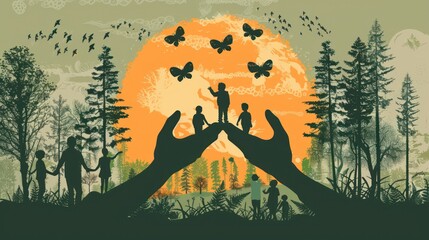 Fototapeta premium Silhouettes of People and Butterflies in a Forest Setting with a Large Orange Circle in the Background